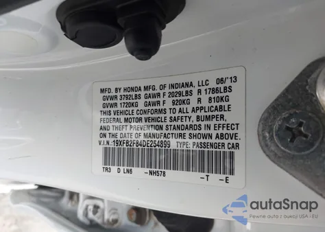 2013 Honda Civic Ex из США, поврежденный, VIN 19XFB2F84DE254899